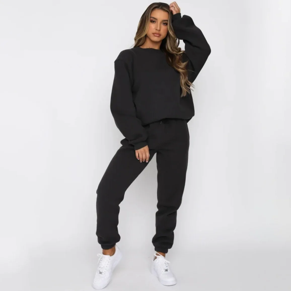 Europe and The United States Autumn and Winter Solid Color Round Neck Pullover Hoodie Long Pants Women's Fashion Casual Set Y2k