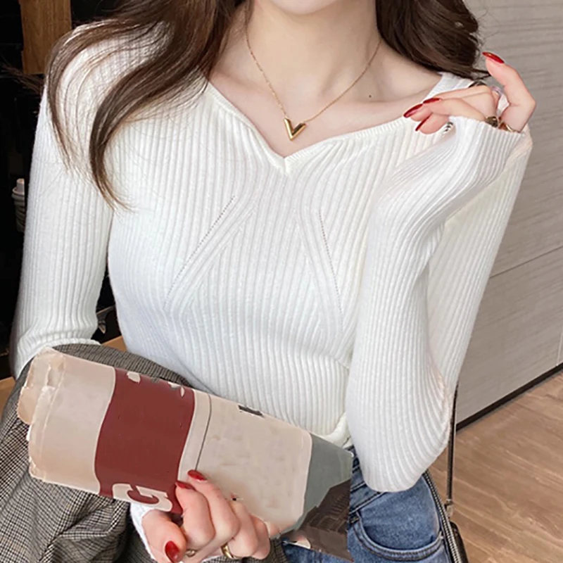 ITOOLIN Autumn Winter Women Long Sleeve Knit Warm Casual Pullovers V-Neck Slim Bottoming Sweater For Women Office Sweater 2023