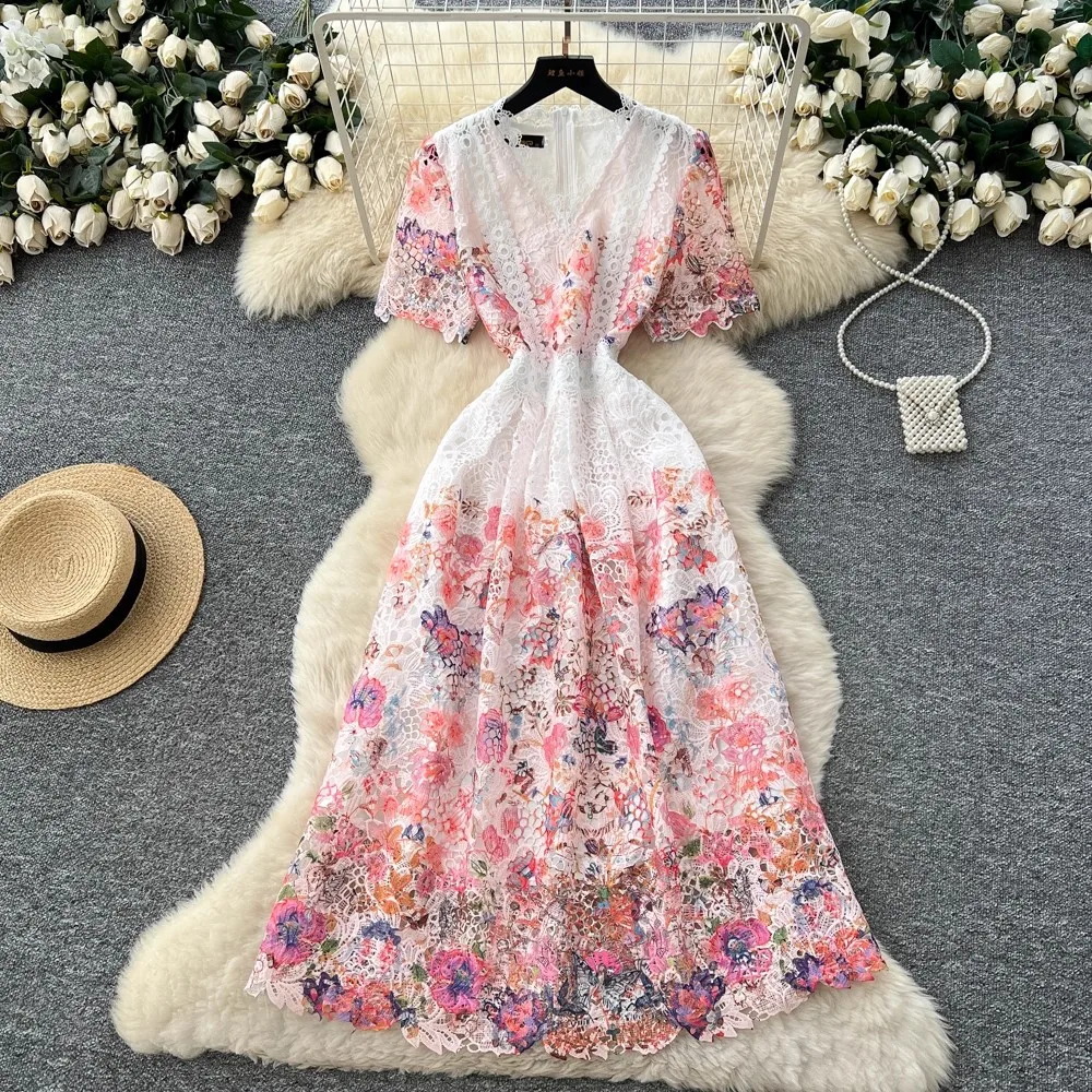 

Elegant Flower Embroidery Lace Hollow Out Midi Dresses Women's 2025 Summer O Neck Short Sleeve Casual Long Dress Party Vestidos