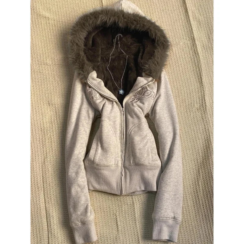 Y2K Rock Punk Motorradjacke Grunge Langarm Fleece-gefüttert Kapuzenpullover Jacke Subkultur Slim Top Reißverschluss Kurze Tops
