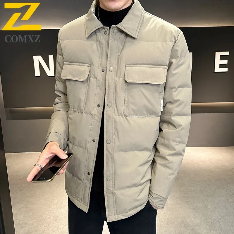 COMXZ Men Middle Aged Gray Duck Down Down Jacket Autumn Winter Lapel Business Casual Wear Versatile Outerwear Windproof Thermal