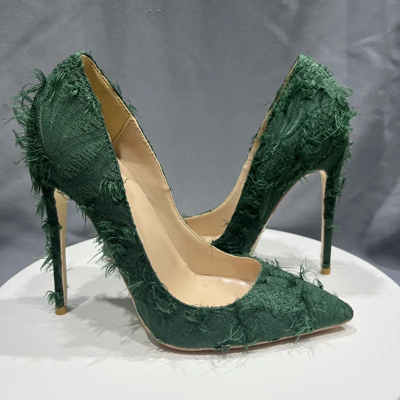 Tikicup Green Tassel Distressed Fabric Stiletto High Heels Designer Chic Ladies Sexy Pumps Pointy Toe Dress Shoes Plus Size33-46