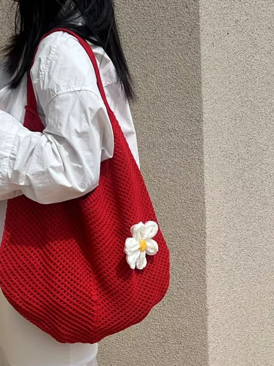 

New Hollow out Beach Flower Commuter Tote Bag Casual Large Capaci Crossbody Woven Bag Single oulder Bag for Youth