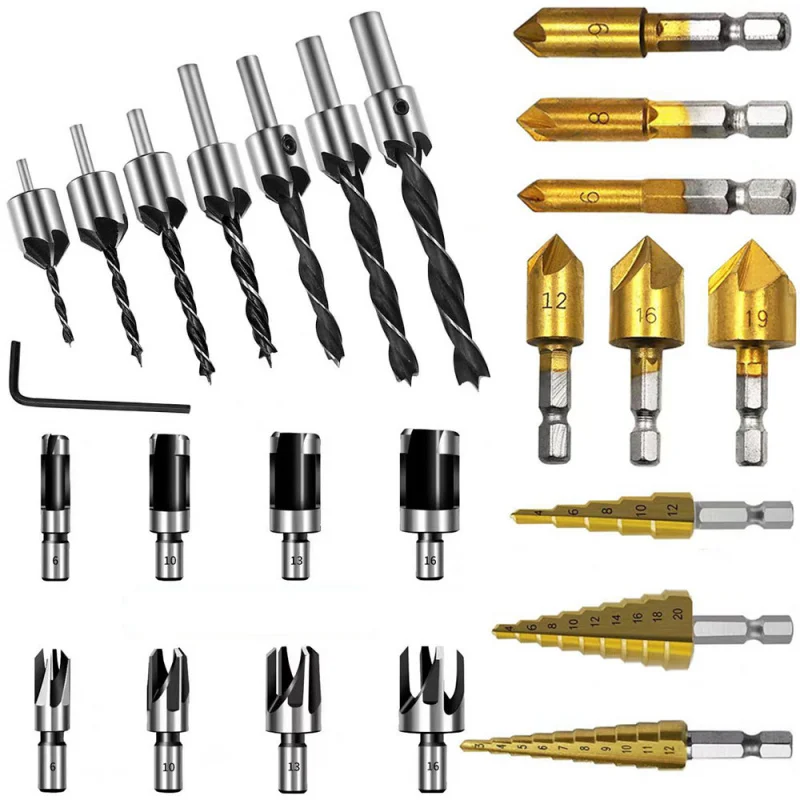 9/22/25pcs Step drill Countersink Drill Five-edge chamfer drill Cork Cutter wood Woodworking Chamfer Drilling Tool