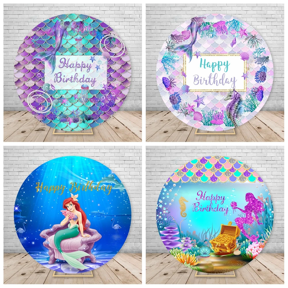 

Undersea Princess Mermaid Ariel Round Backdrop Cover Baby Shower Kids Birthday Party Elasticity Circle Photography Background