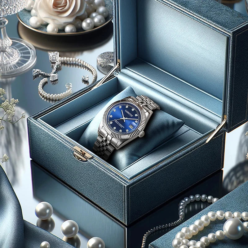 ساعة ميكانيكية نسائية من الفولاذ المقاوم للصدأ بتقويم أزرق فضي وأنيق وبسيط