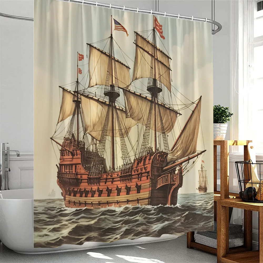 

Sailboat Vintage Shower Curtain Nautical Adventure Home Decoration for Bathroom Polyester Fabric Bath Curtain with Hooks