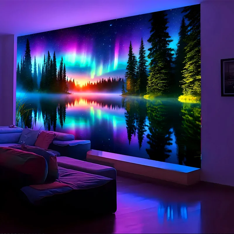 Glowing Aurora Wall Decor Northern Lights And Lake Shadows Tapestry Wall Hanging UV Reactive Fluorescent Art Tapestry Home Decor