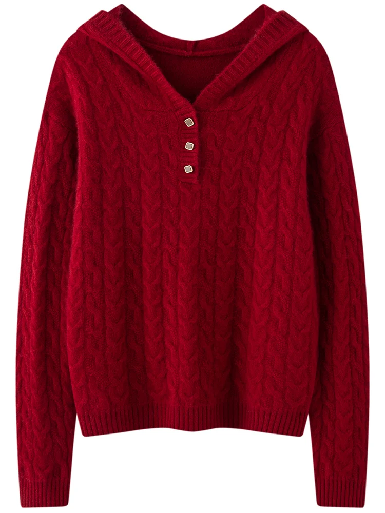 TLOML 여성 후드 풀오버 100% 캐시미어 스웨터 두꺼운 케이블 니트 캐주얼 캐시미어 니트웨어 가을 겨울 고품질 소프트 탑스