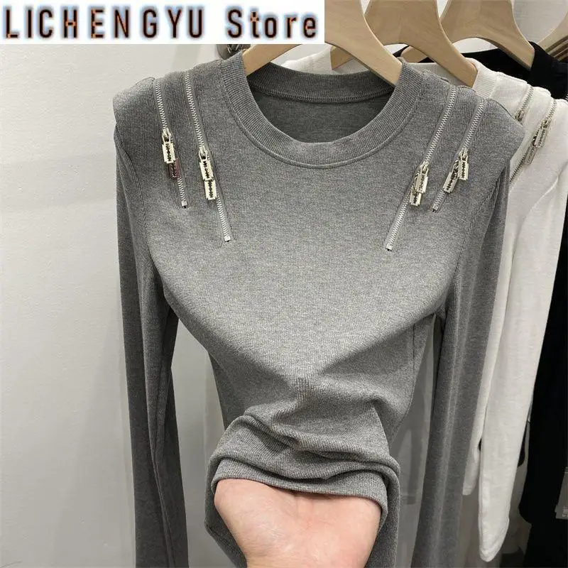 

New Spring and Autumn Women's Solid Color O-Neck Long Sleeve Slim Knitted Pullovers Zipper Trendy Comfortable Commute Tops