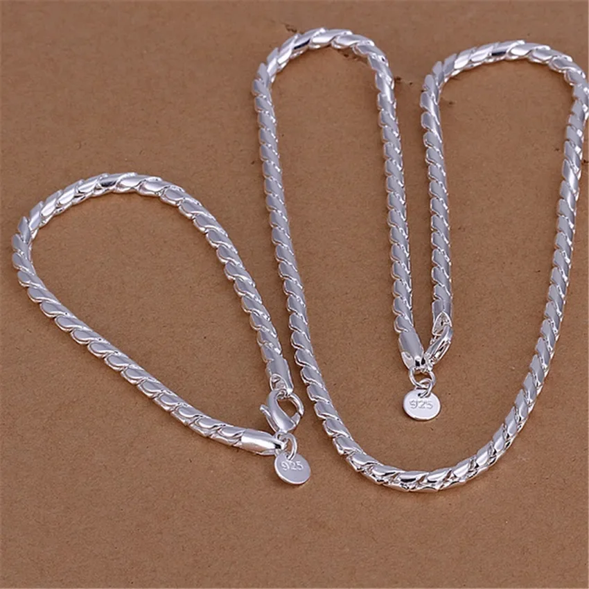 Fine classic 925 Sterling Silver Bracelets necklace 4MM Twisted rope chain Jewelry set for Women man Fashion Party wedding Gifts