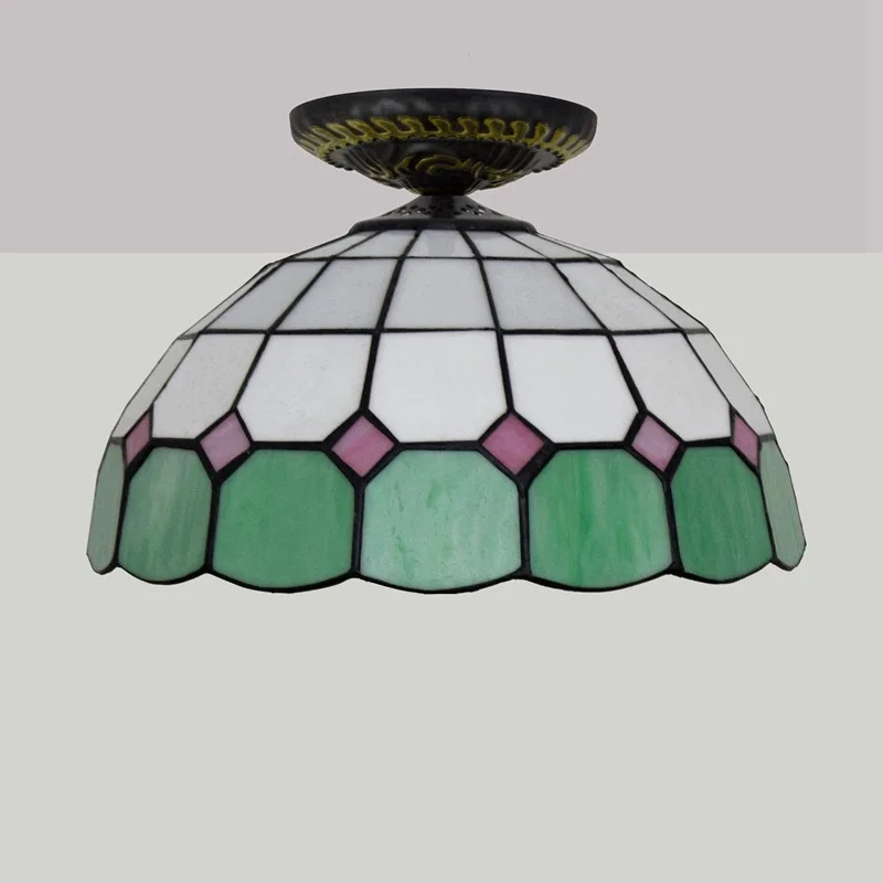 Modern Tiffany Round Mediterranean Green Glass Ceiling Light for Living Room Bedroom Home 12-inch Luxury LED Ceiling Light