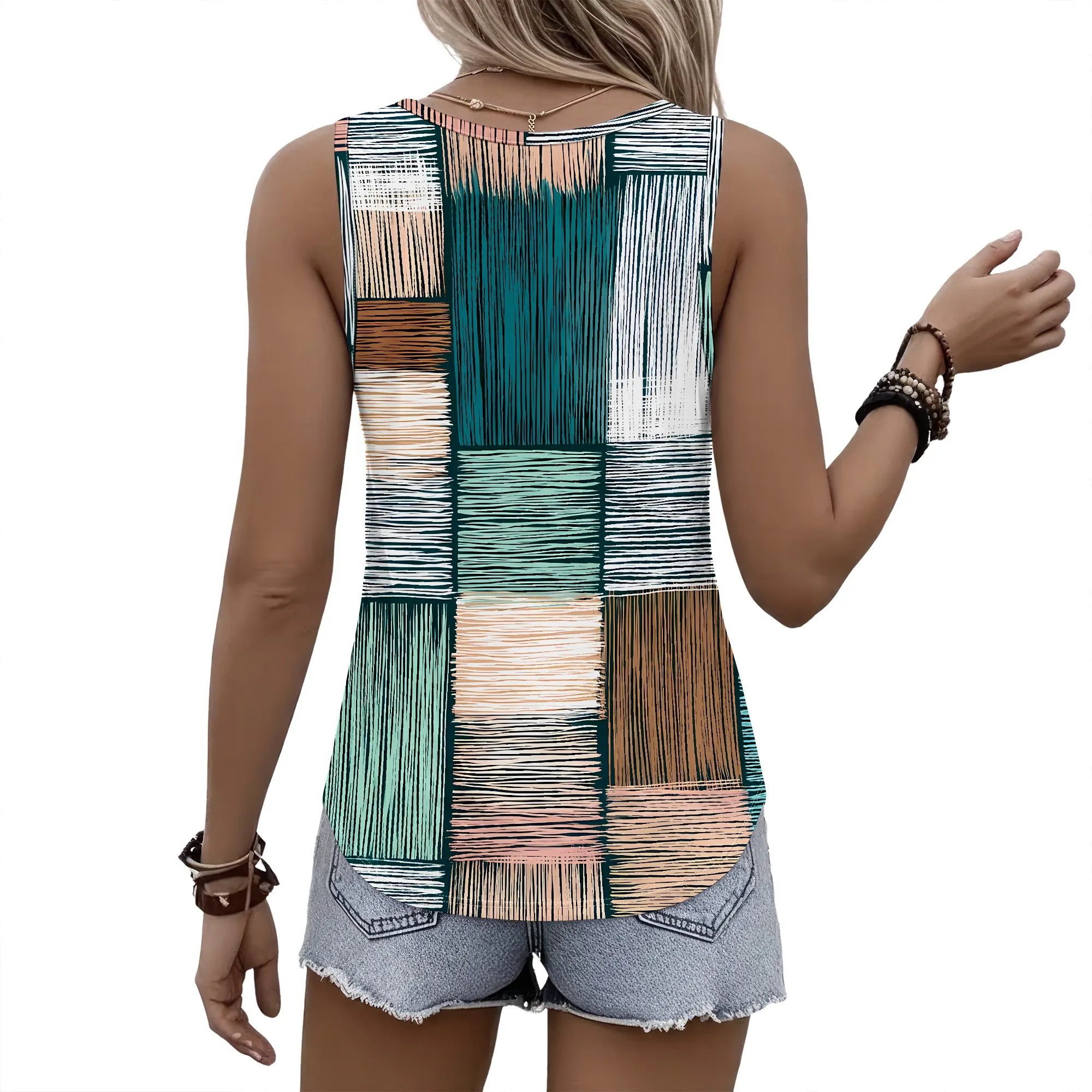 Sleeveless Printed Tank Top, Abstract Brushstroke Pattern, Colorful Geometric Art Style, Summer Casual Wear, S-2XL