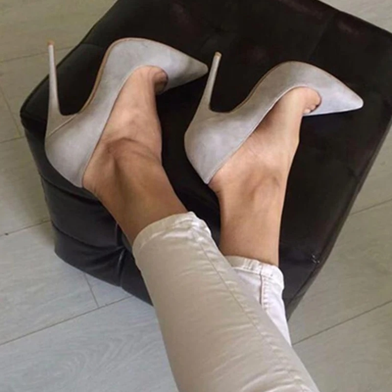 

Grey Suede Cloth Pointed Toe Women Shallow Pumps 12cm 10cm 8cm Slip On Stiletto Heels Spring Autumn Dress Shoes