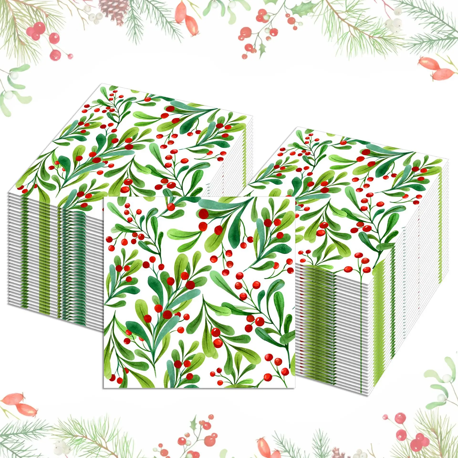 مناديل عيد الميلاد - تصميم 3 طبقات للاستعمال مرة واحدة من التوت والصنوبر مع توت أحمر، لحفلات العطلات وحفلات الزفاف وديكور المنزل