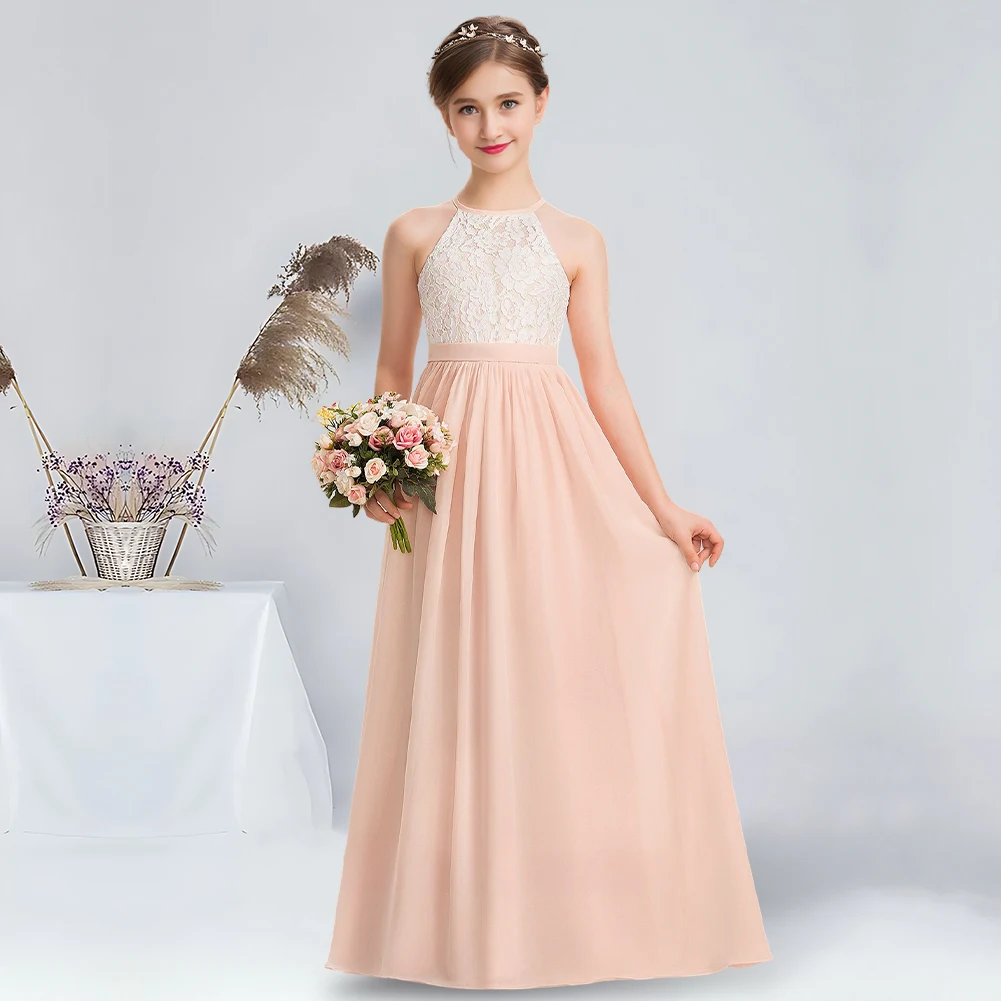 A-line Halter Floor-Length Chiffon Lace Junior Bridesmaid Dress Pearl Pink Flower Girl Dress for Wedding Party Dresses For Teens