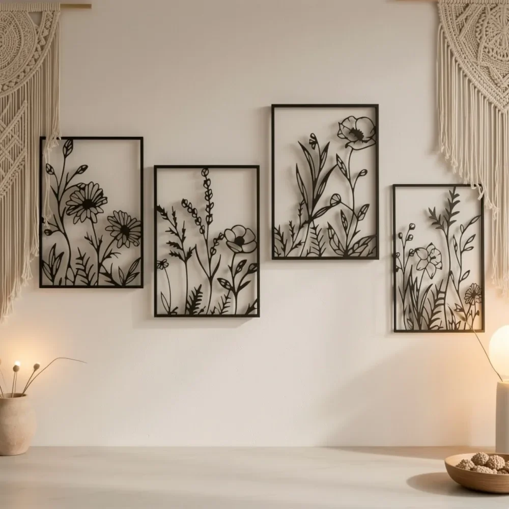 CIFBUY Iron Art Wall Decor, Bohemian Floral Metal Sculpture, Laser Cut Black Hanging Ornament for Living Room Bedroom Bathroom