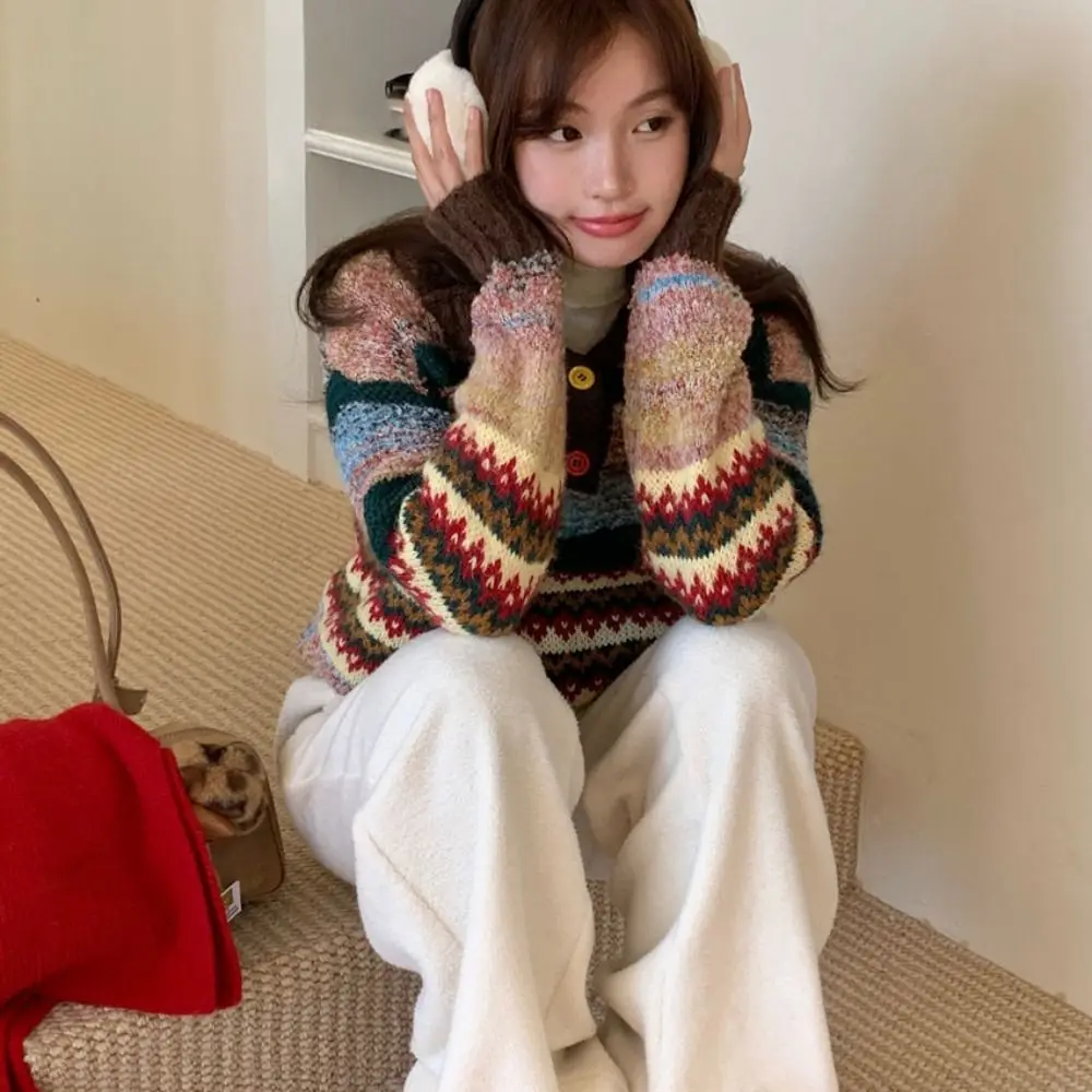 

Вязаный свитер с длинными рукавами в корейском стиле, женский мягкий сладкий цветной вязаный крючком трикотаж, свободный ретро милый пуловер для девочек, подарок