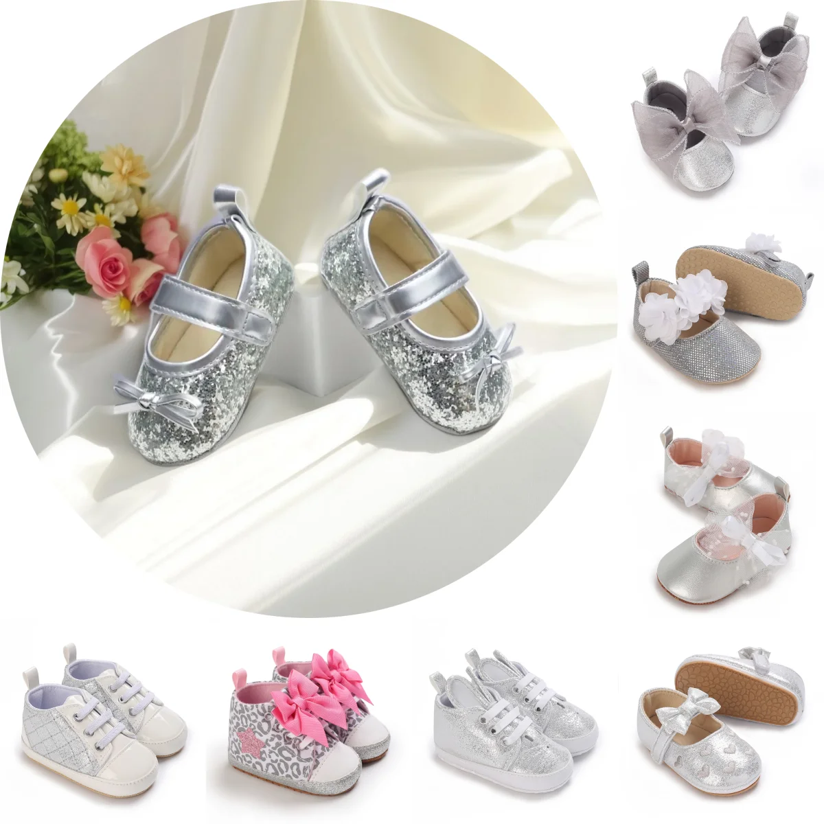 Silberne Sommer-Mary-Jane-Schuhe für Neugeborene (0–18 Monate) mit niedlicher Schleife, weicher Gummisohle, rutschfest, atmungsaktiv, für Babys erste Laufschuhe