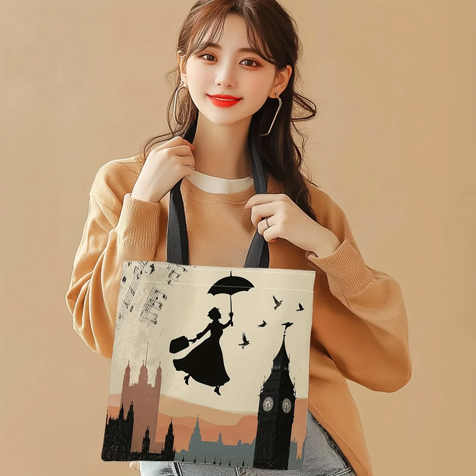 Einkaufstaschen aus Canvas mit großem Fassungsvermögen und viktorianischem London-Motiv (Big Ben, Mary Poppins Regenschirm) – wiederverwendbar. – Detail 3