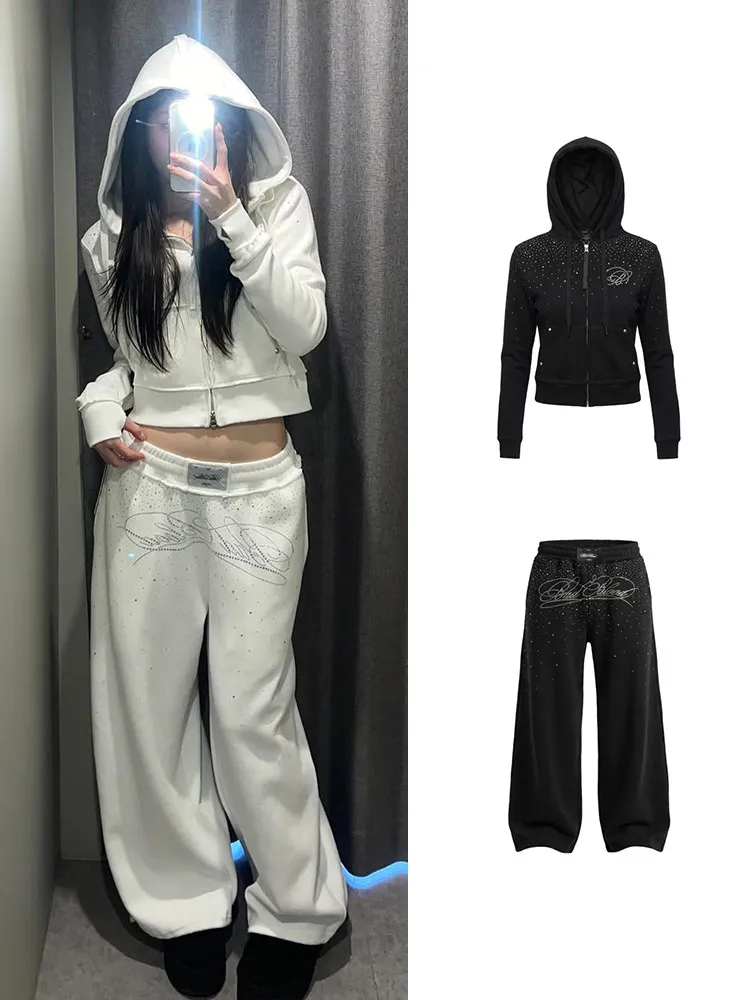 

American Retro Street Style Hoodie Women's Loose Casual Sports Jacket Top Sparkling Rhinestones Zipper Closure Long Sleeve