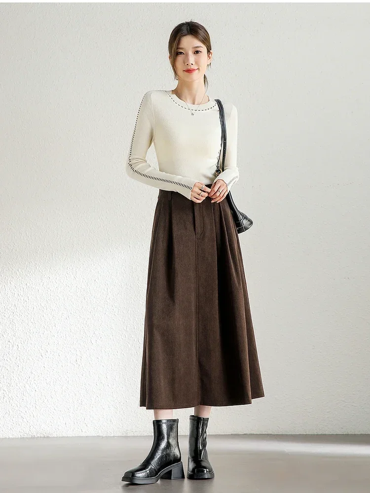 SENTUBILA A-line Corduroy Skirt for Women 2024 Winter Casual Commute Simple Folds High Waist Elegant Midi Skirt 144Q57481