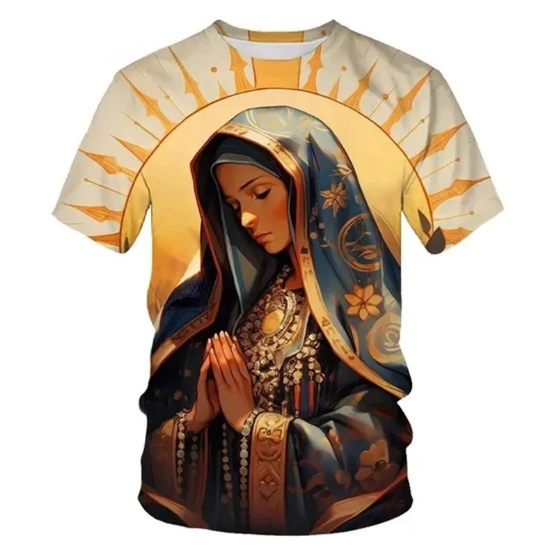 

New Summer Men's Tshirts 3D Virgin Mary Christian Print The Mother Of Jesus Graphic Short Sleeves Fashion Street T-shirt For Men