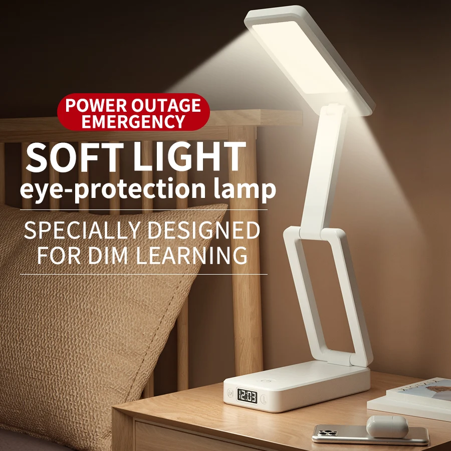 Portable Rechargeable Desk Lamp 180° Rotation Layered Soft Light Eye Protection Lamp with Clock for Home Office Dorm