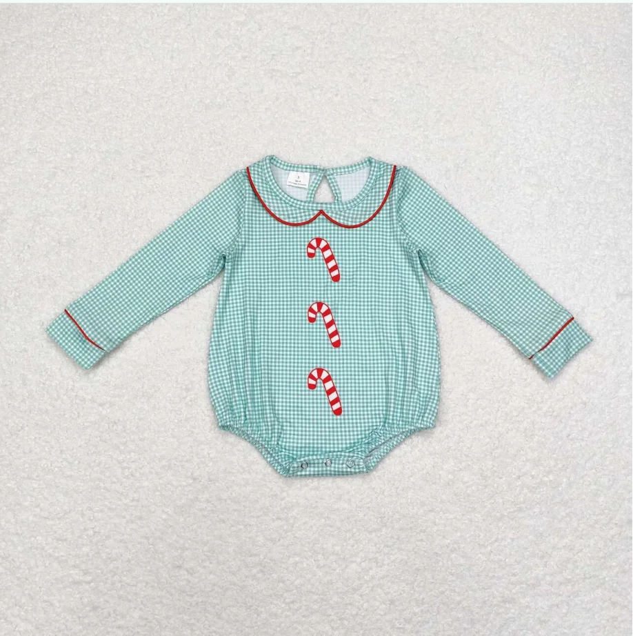

Long Sleeve LR1519 Candy Cane Green Plaid Print Baby Boys Christmas Romper
