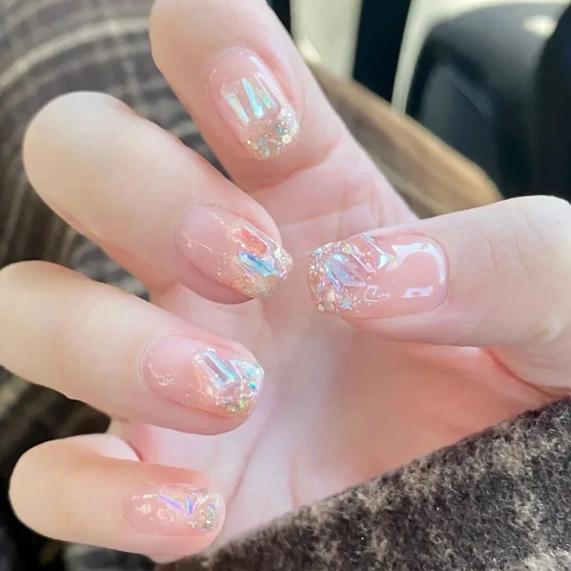 Uñas postizas cuadradas con degradado de 24 piezas, diseño de diamantes brillantes, adhesivos dulces acrílicos, herramientas