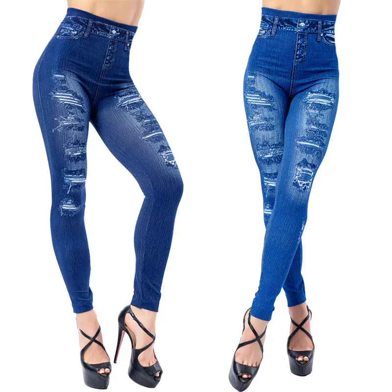 Seamless Jeans Print Pants Plus Size Faux Denim Jeans Leggings Women High Waist Tummy Control Slim Jeggings Basic Jeans Trousers