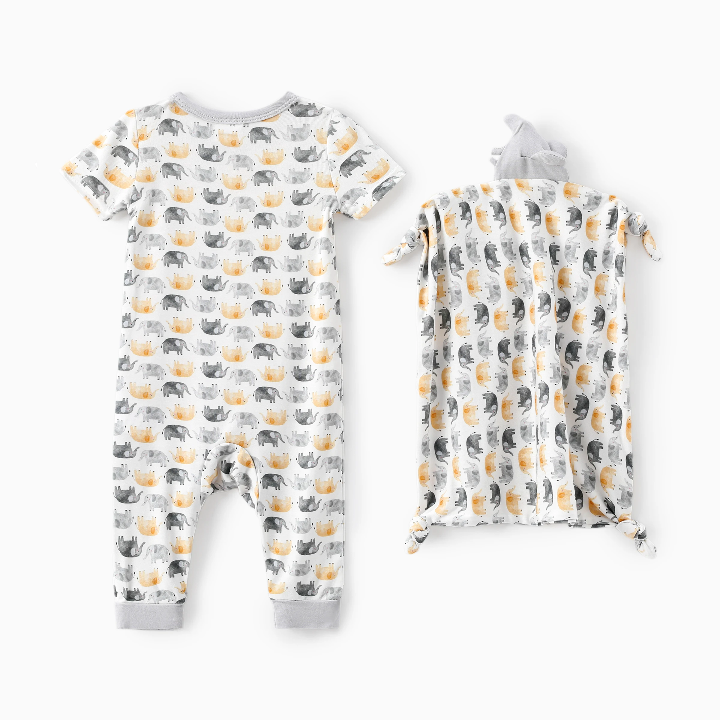 PatPat Baby Boy/Girl 2pcs Bamboo Fabric Elephant Print Pajama Jumpsuit with Soothing Towel