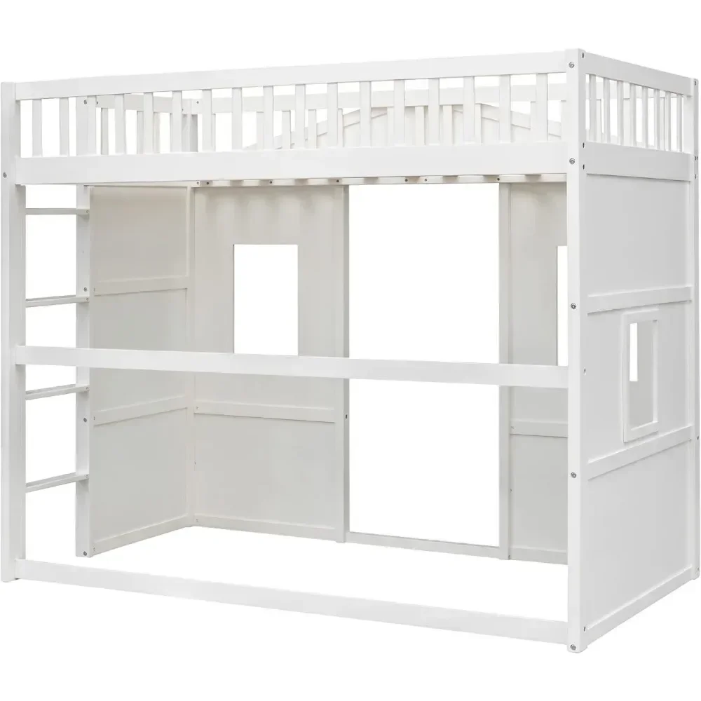 Marcos de cama doble Casa Loft Cama doble para niños Playhouse Cama, Estructura de cama tipo loft de madera maciza con ventana y escalera, para niñas y niños