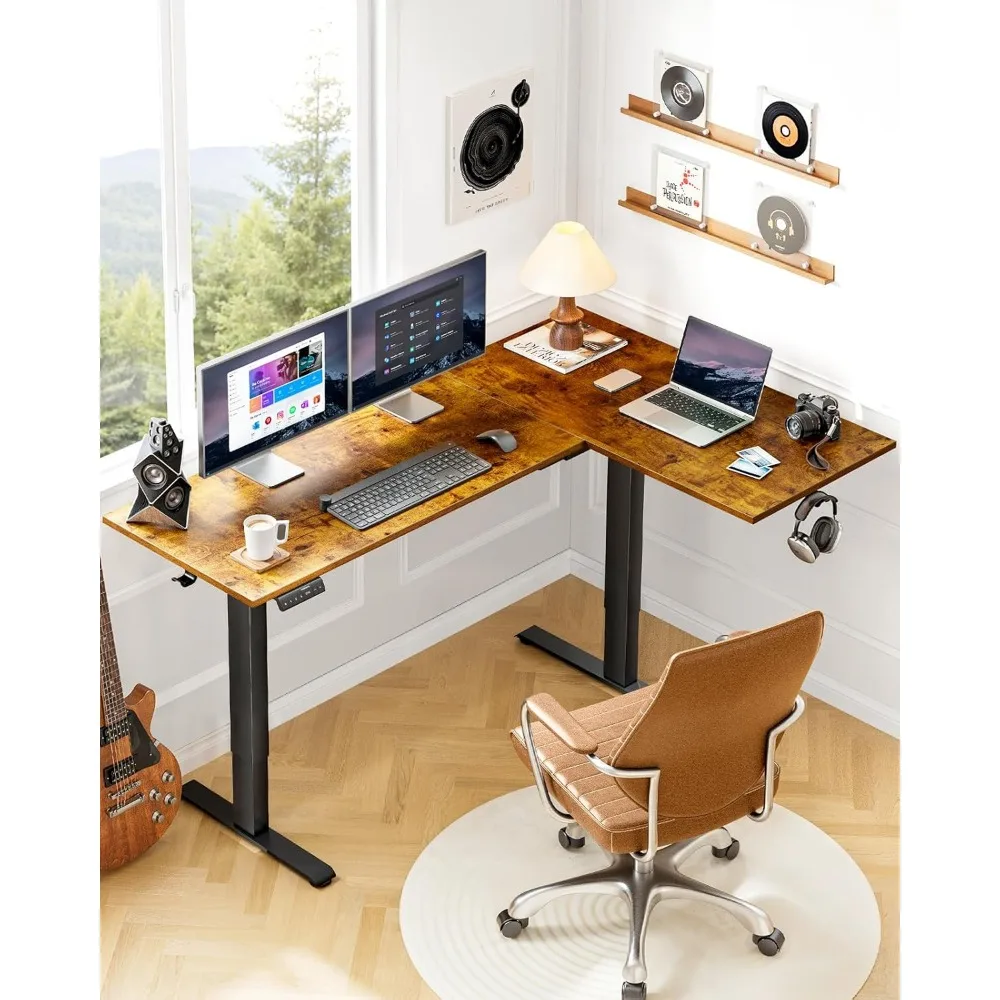 L-Shaped Dual Motor Electric Desk with 3 Adjustable Heights, Computer Desk with 2 Hooks
