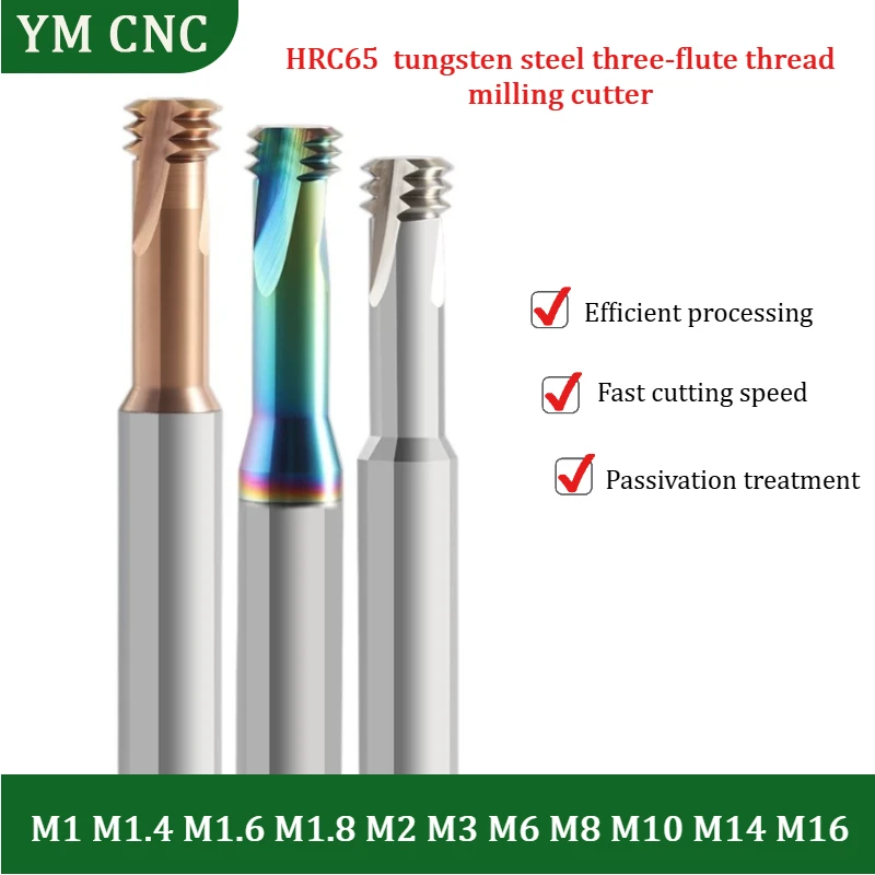 DLC Coated M1 M6 M8 M10 M16 HRC65 Three Teeth Thread Cutter Bit Aluminum Processing Tungsten Alloy Thread Mill