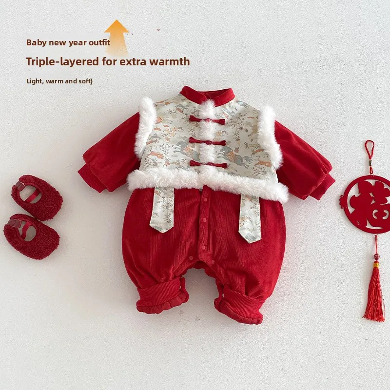 

Baby Chinese Style New Year's Clothing 2025 New Winter Baby Retro Buckle Clip Cotton Crawling Clothes One Year Old Red Clothes