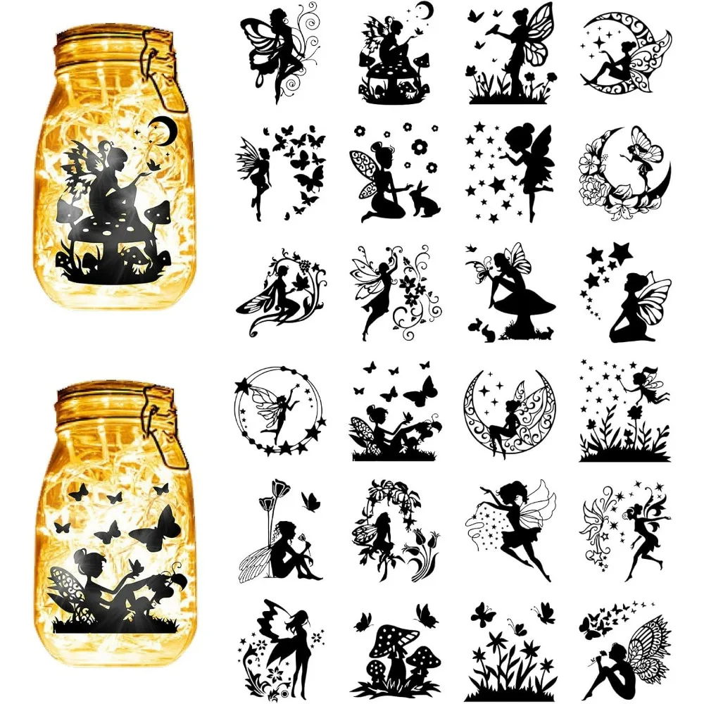 24 Uds. De siluetas de hadas, tarro de albañil, decoración, linterna de Ángel, recortes láser, adornos, seta, mariposa, álbum de recortes para vidrio esmerilado