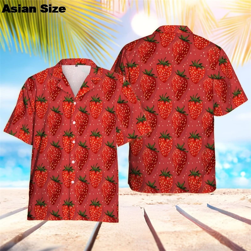 2025 Summer Beach Women Shirt Harajuku Kawaii Girl Fruit Blouse Cute Strawberry Printed Short Sleeve Blusa Female Hawaii Boy Top