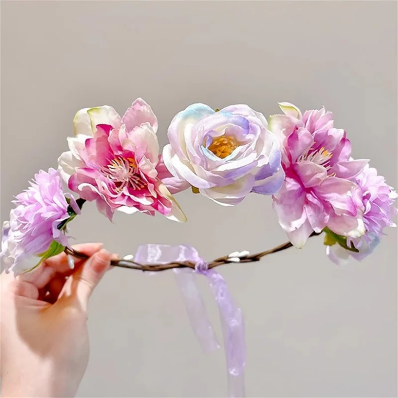 Artificial Rose Crowns Wreath Hawaii Flower Ribbon Garland Headpiece Fashion Holiday Wedding Headband For Women Hair Accessories