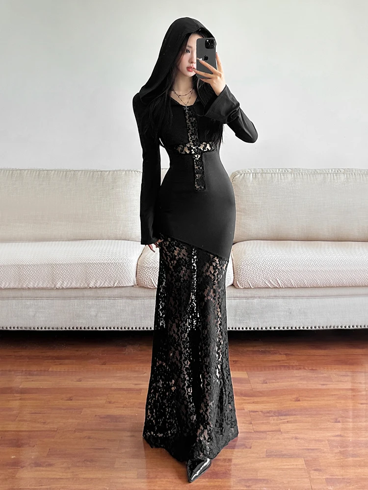 Black Lace Splicing Dress Women's Sexy Long Dress