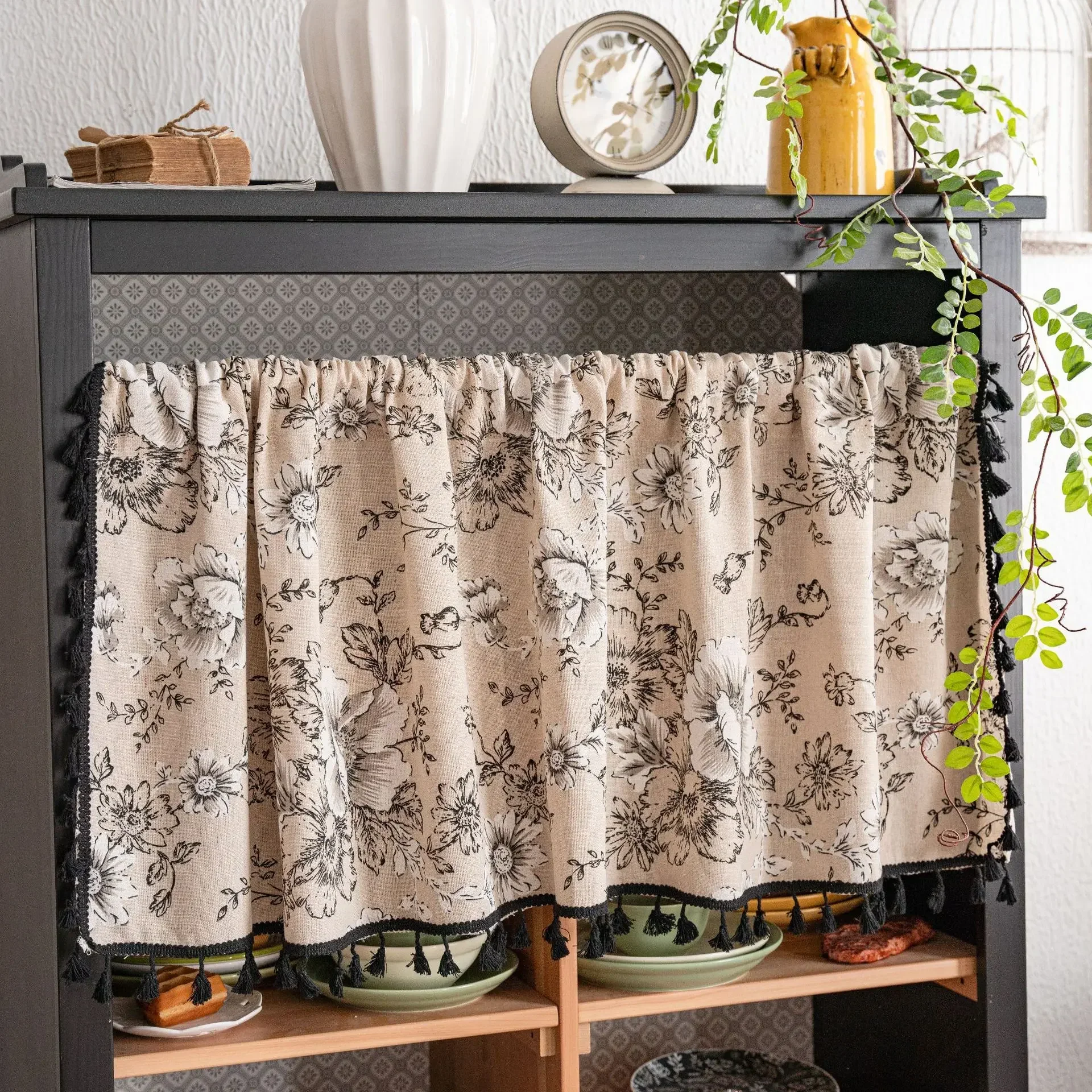 Cotton Linen Kitchen Curtains Handmade Short Curtain Tassels Window Valance Cafe Curtain Tiers for Farmhouse Bedroom Rod Pockets