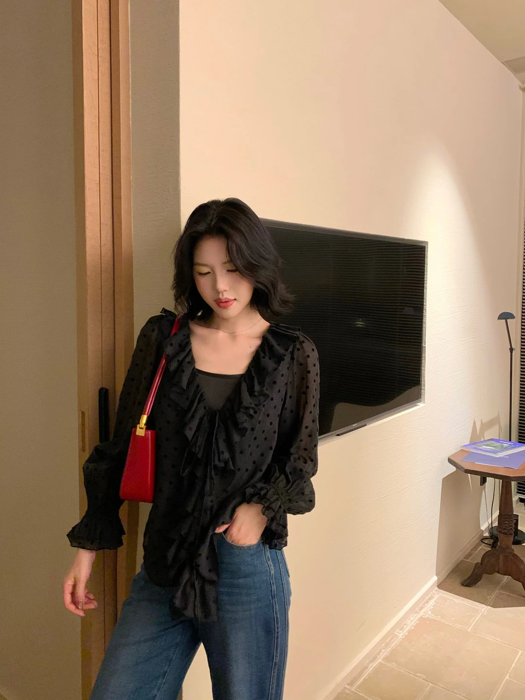 

Sweet And Spicy 26 Spring Plaid V-ne Long Sve irt with Strap Inner Women's Two-piece Set Floing Dot Pattern L...