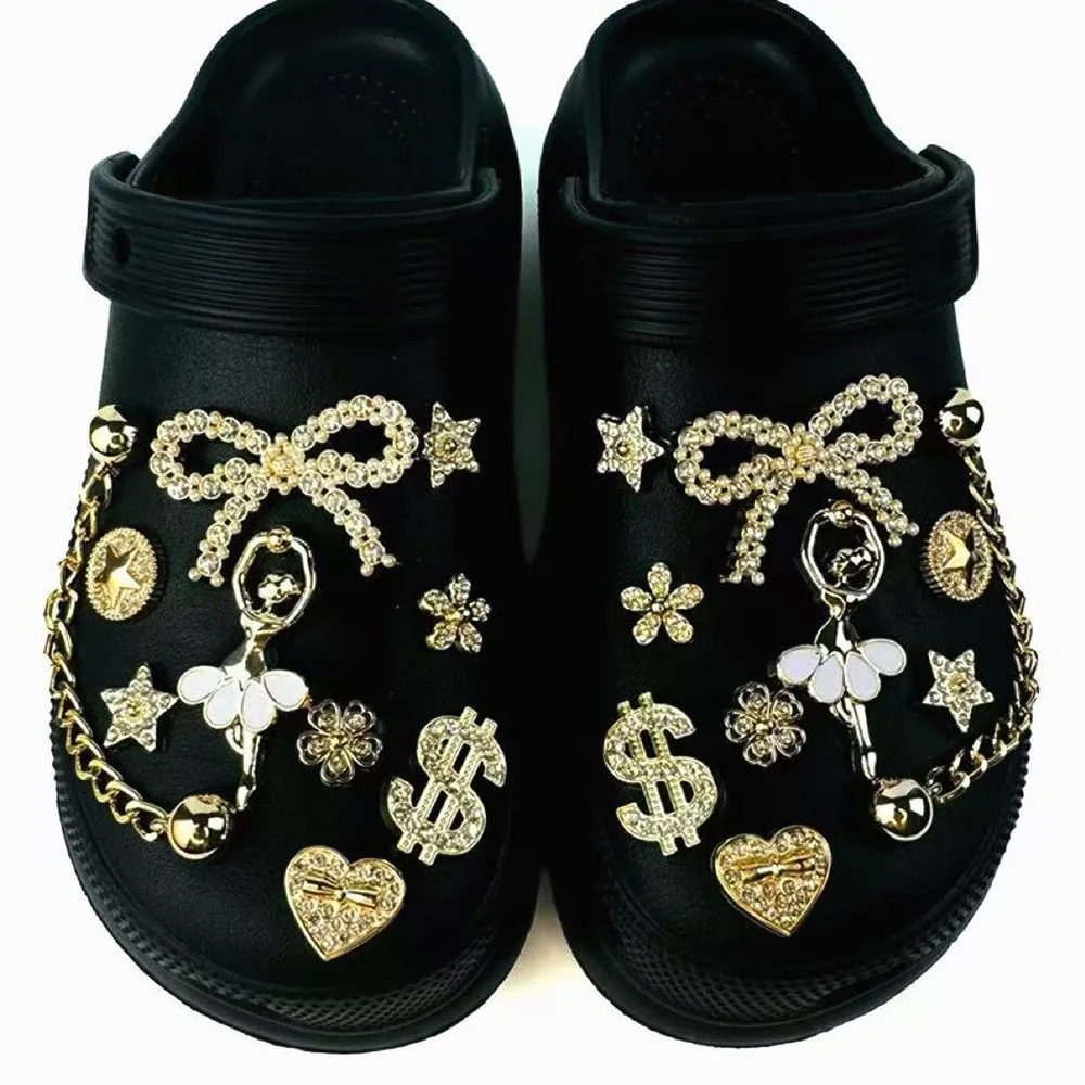 20PCS Shoe Charms Set Ballet Girl Gold Rhinestone Heart-shaped Bow Shoe Decoration Buckle for Sandals Clogs DIY Accessories Gift