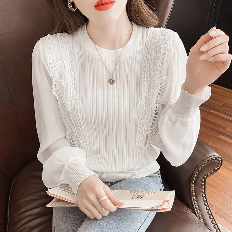 Women\'s Long Sleeve Bottoming Shirt, Hollow Out, Round Neck, Office Lady Pullovers, Chic Blouses, Korean Top, Spring, Autumn,