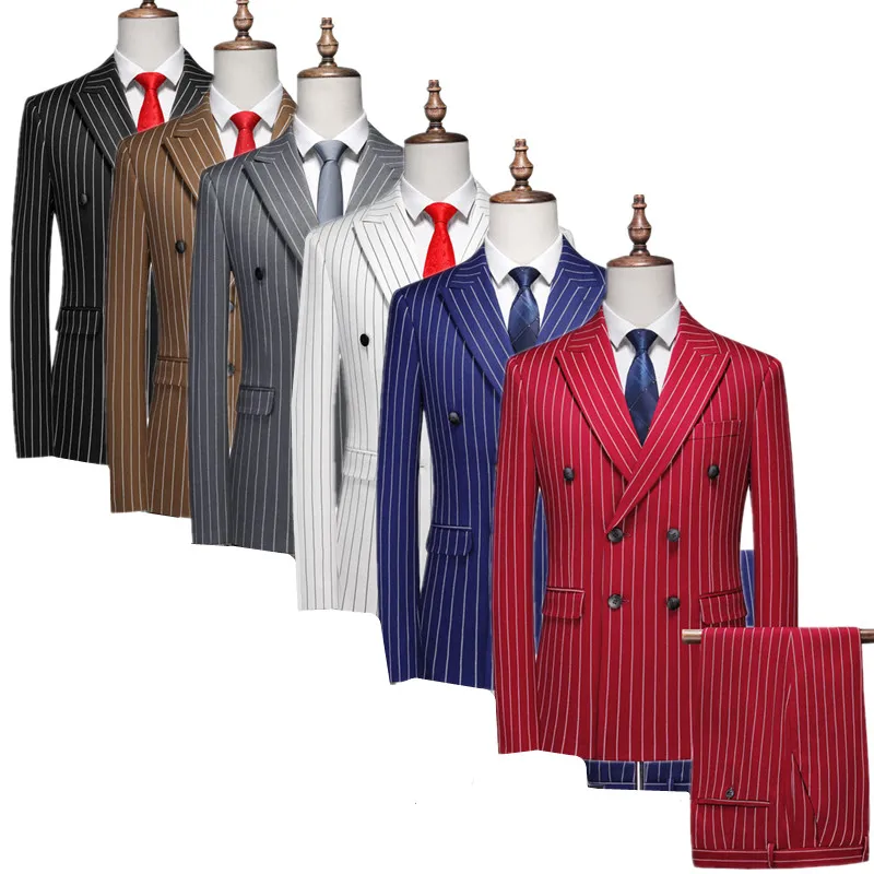 

Новый мужской деловой костюм в полоску с двойным разрезом, комплект платья, модный простой мужской деловой банкет, свадьба, вечеринка, пиджаки и брюки