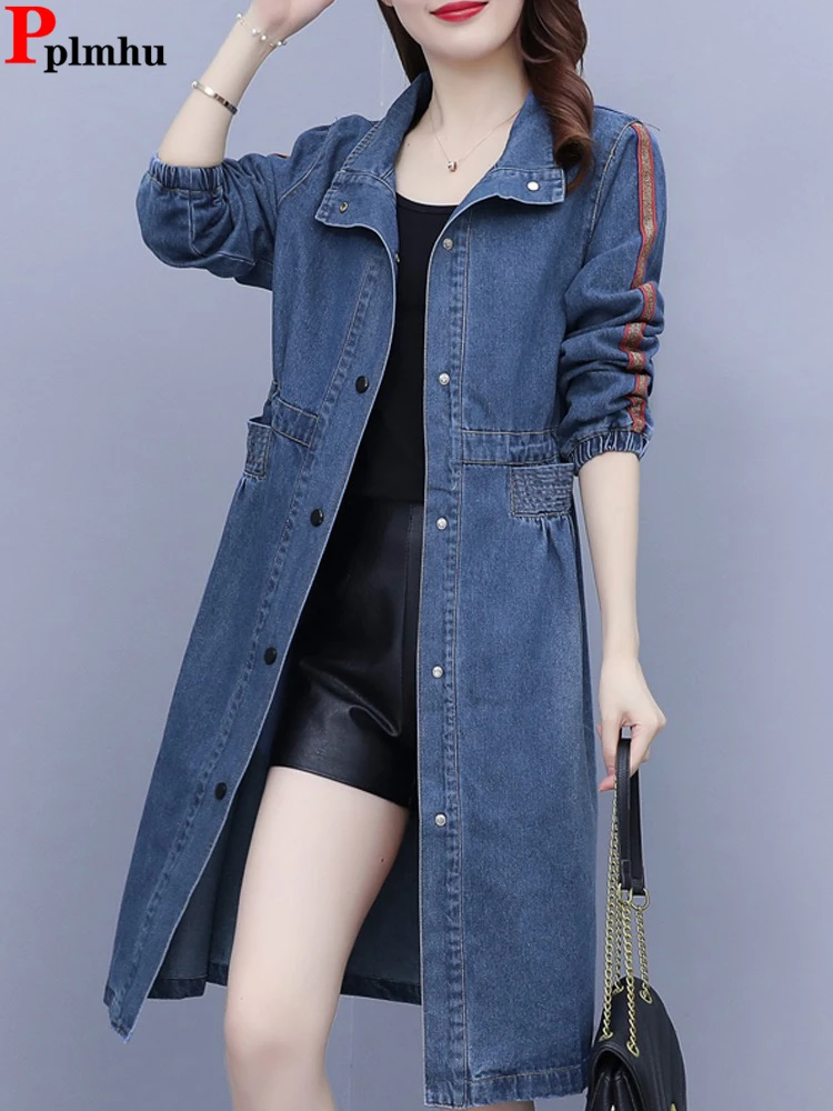 

Streetwear Long Denim Trench Coat Women Vintage Casual Loose Cowboy Windbreake Jacket Korean Wah Spring Fall 5xl Jean Gabardina