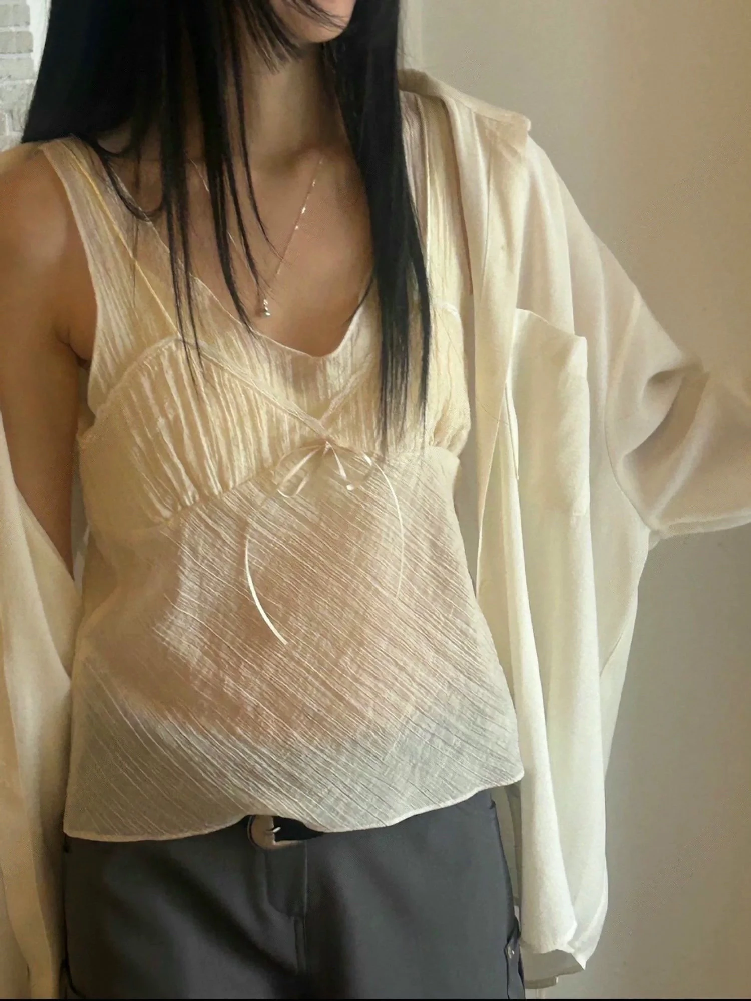 Women's Lace Trim  Knot Strap Vest Thin Cardigan Sweet Texture Folded Spring Fashion Set Two-Piece Suit Casual Wear