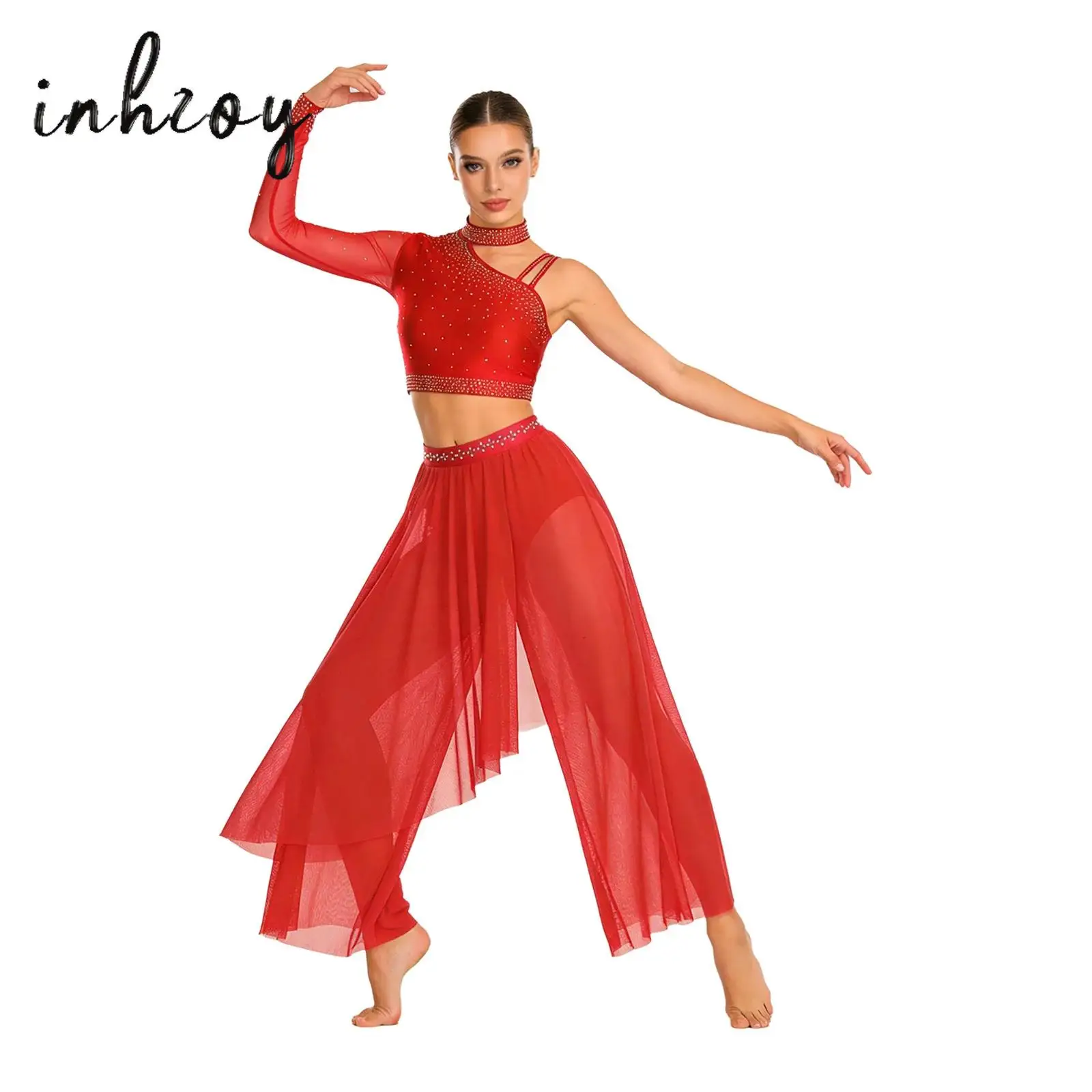 

Womens Lyrical Dance Outfit Sequin Rhinestone Crop Top+Built-in Briefs Wide Leg Mesh Pants Modern Contemporary Dancewear Suit