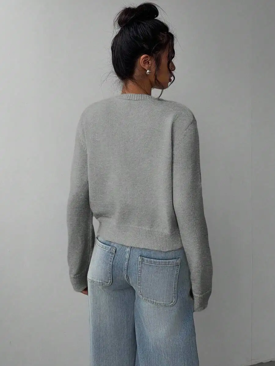 

Casual Solid Crew Neck Loose Cropped Long Sleeve Cardigan Sweater For Women