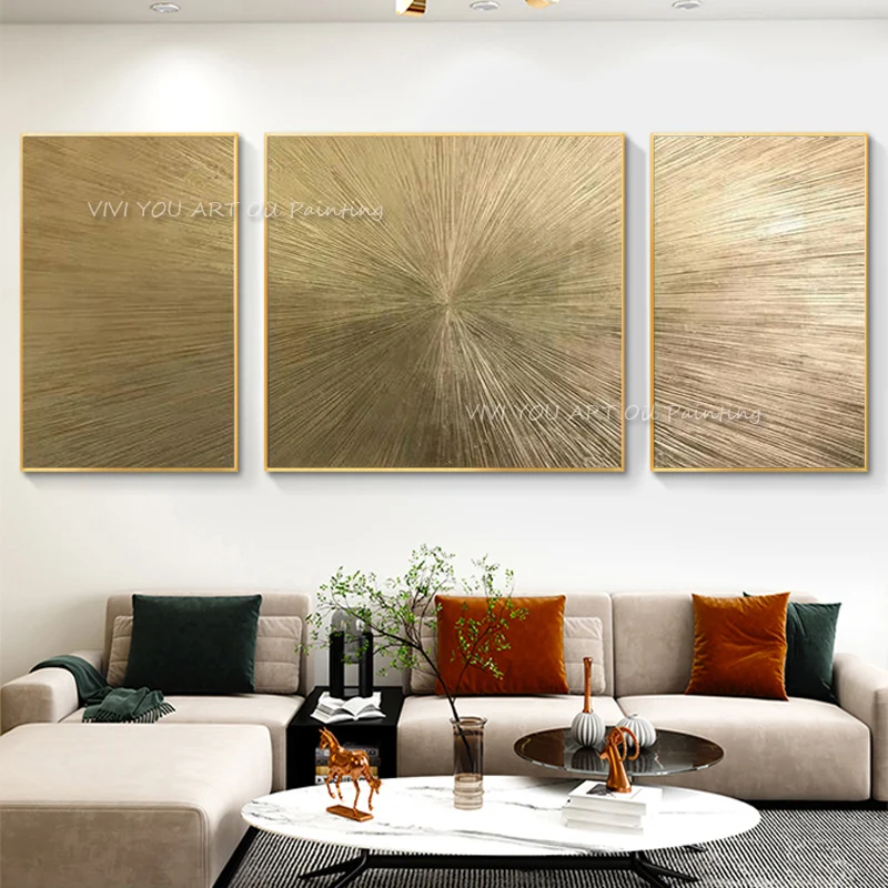 100% Handmade Modern Golden Line Oil Painting On Canvas 3 Pieces/set Golden Color Abstract Wall Art Picture For Room No Framed